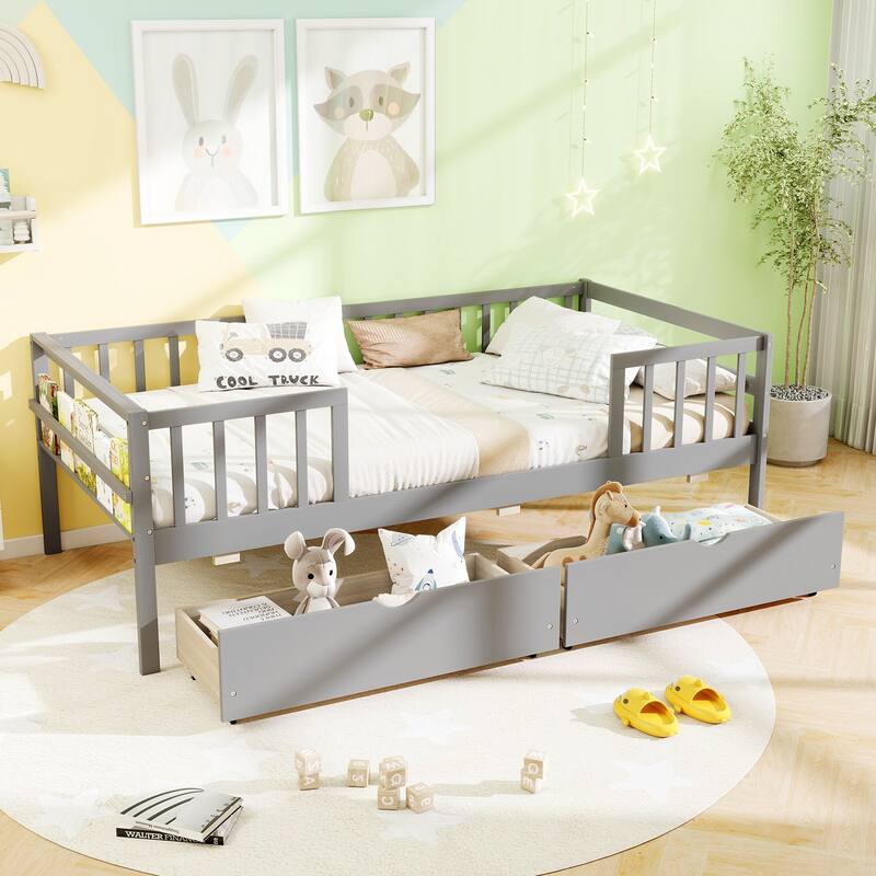 Gymax Twin Size Kids Bed w/Storage 2 Pull-out Drawers Side Shelf for