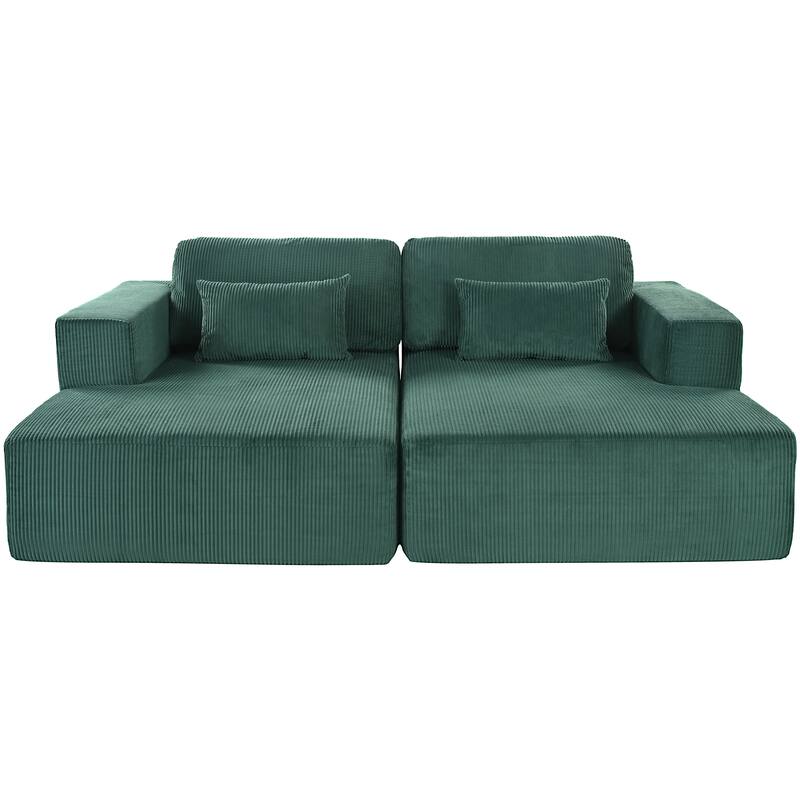 86.6" Corduroy Double Sofa Bed with 2 Pillows and Split Lounger Design