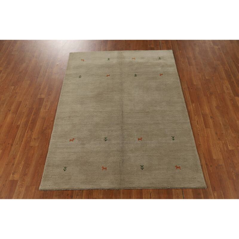 Hand Knotted Oriental 100% Wool Carpet Tribal Animal Pictorial Beige & Ivories Gabbeh Area Rug - 6' 5'' X 4' 8''