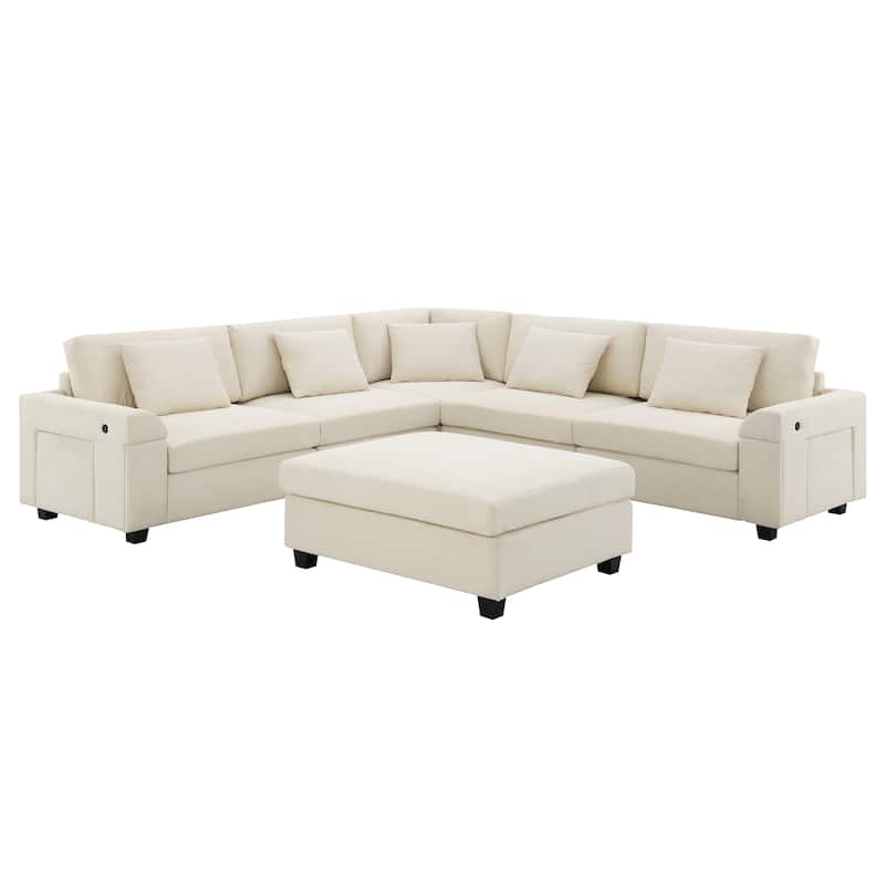 128" Chenille U-Shaped Sectional Sofa with Storage & USB