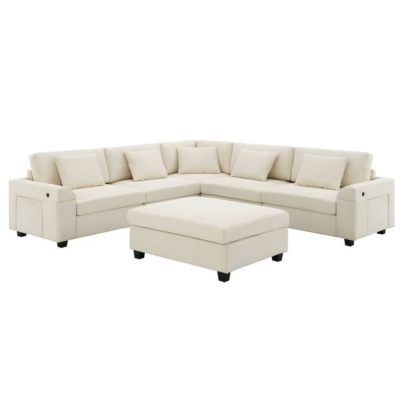 U Shaped Sectional Sofa with Ottoman, Chenille 6 Seater Sofa with Hidden Armrest Storage, Cup Holders & USB Charging Ports