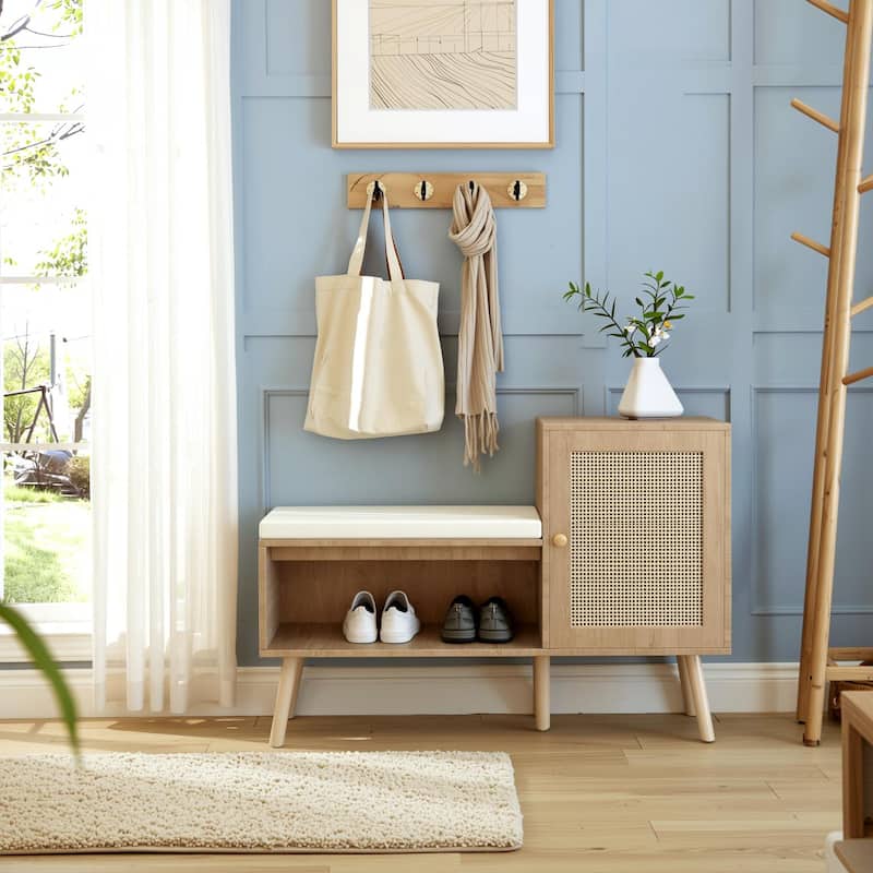 Homy Casa 2-in-1 Entryway Accent Storage Cushion Bench with Rattan Cabinet