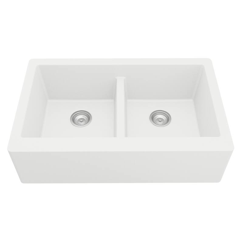 Karran All in One Apron Front Quartz 34 in. Double Bowl 50/50 Kitchen Sink in White with Faucet KKF210 in Matte Black