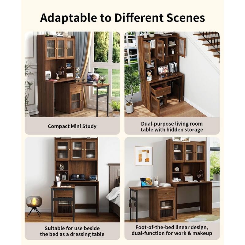 Roomfitters Computer Desk with Hutch and Rotating Table, Home Office Workstation with Glass Cabinet Doors