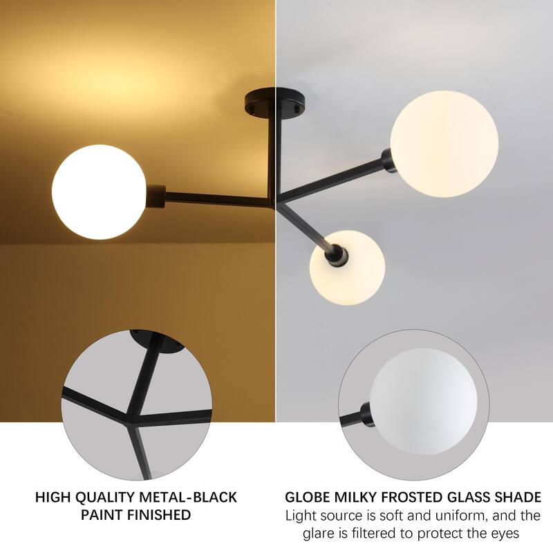 3-Light Semi Flush Mount Ceiling Light with Frosted Glass Shade