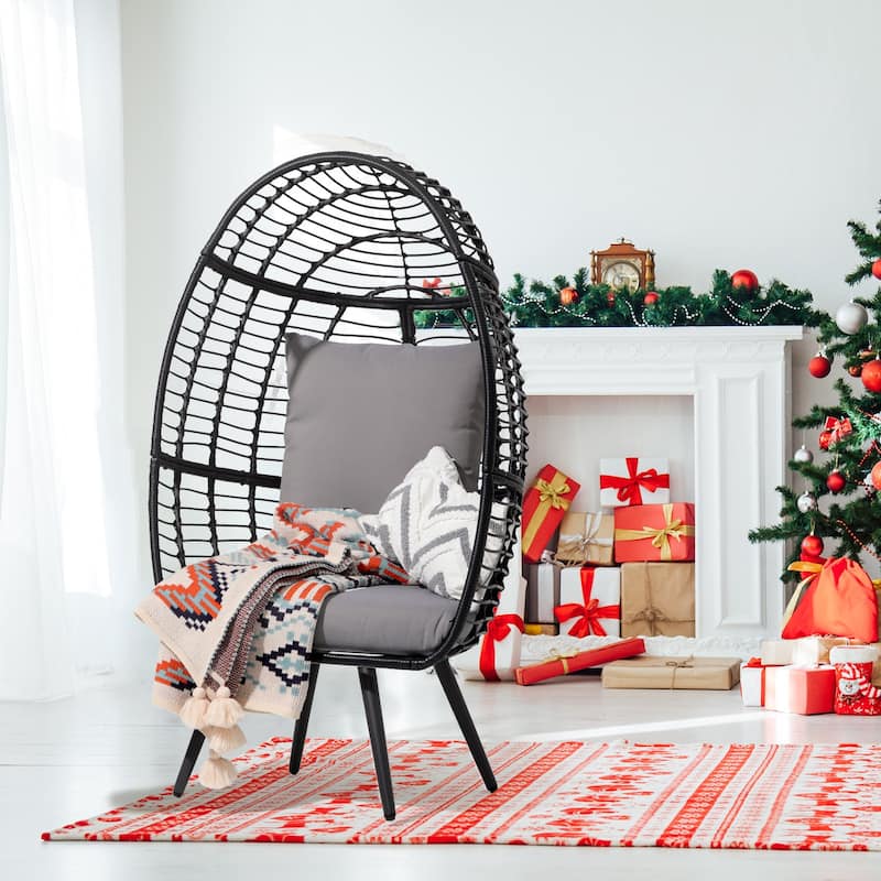 Outdoor 1-Person Wicker Rattan Egg Chair with Stand & Cushion for Porch, Bedroom