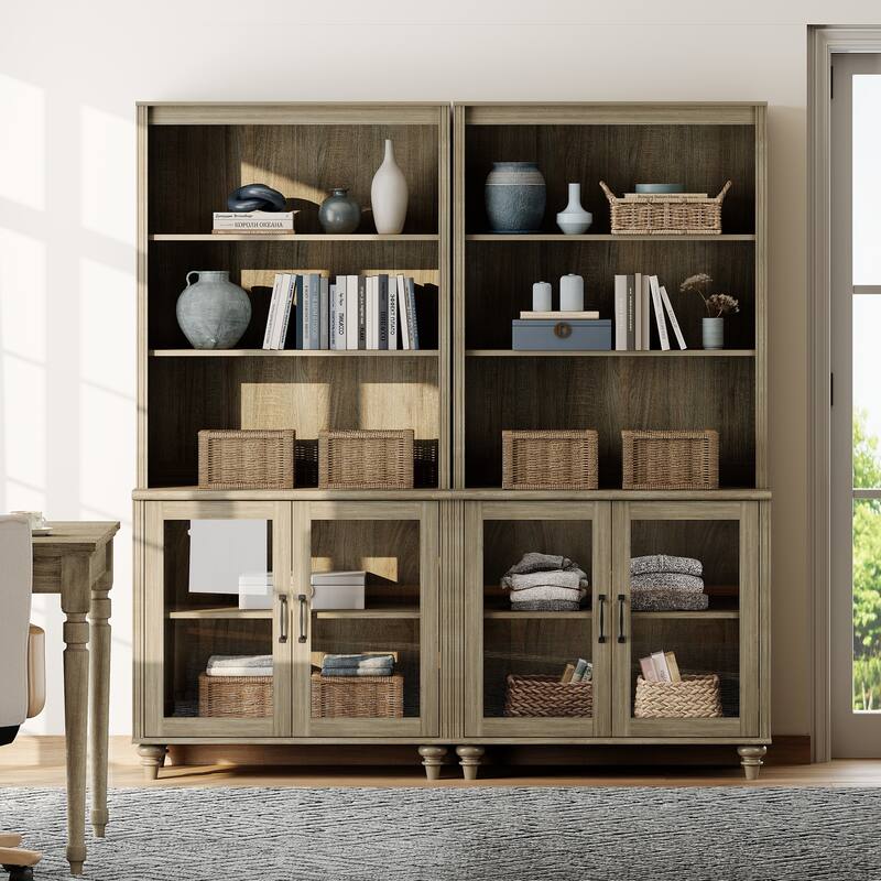 Wash Gray Bookcase with Doors, Large Wood Farmhouse Book Case Shelf - wash grey - 4 doors