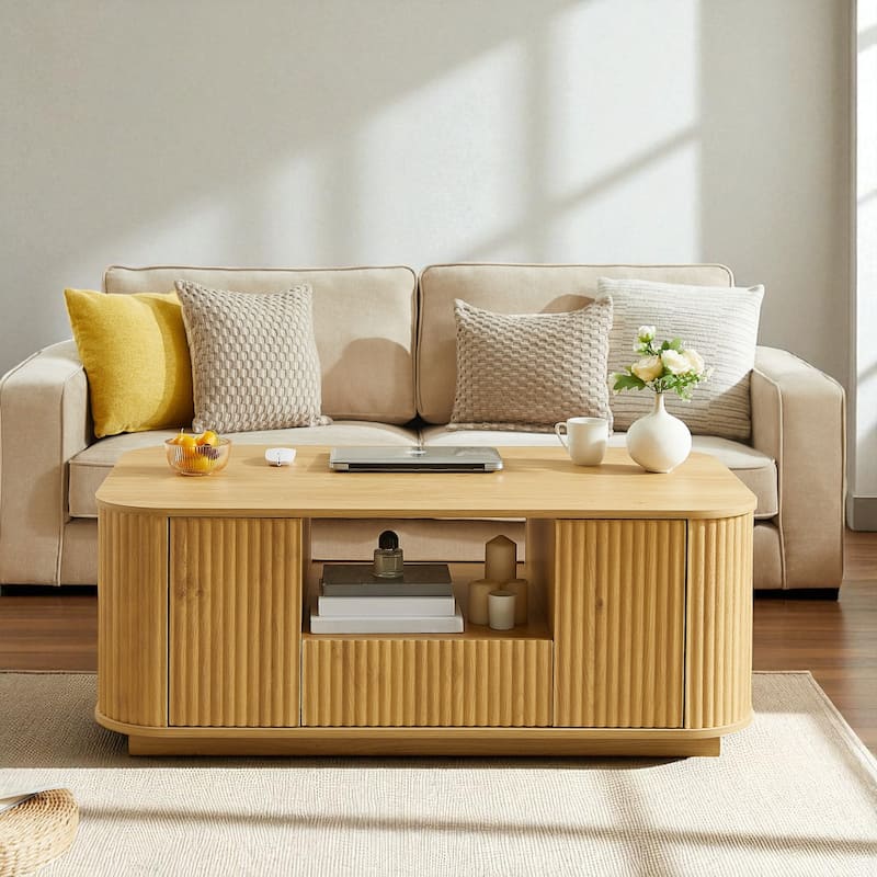 46.5" Modern Oval Coffee Table with Drawers, Hidden Storage & Curved Panel Design, Luxury Center Table - Natural