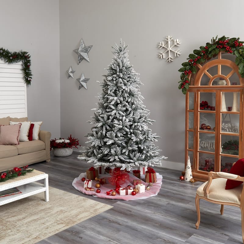 8ft. Flocked Spruce Artificial Christmas Tree with 600 Clear Lights & 1856 Branches - Snowy Winter Holiday X-Mas Centerpiece