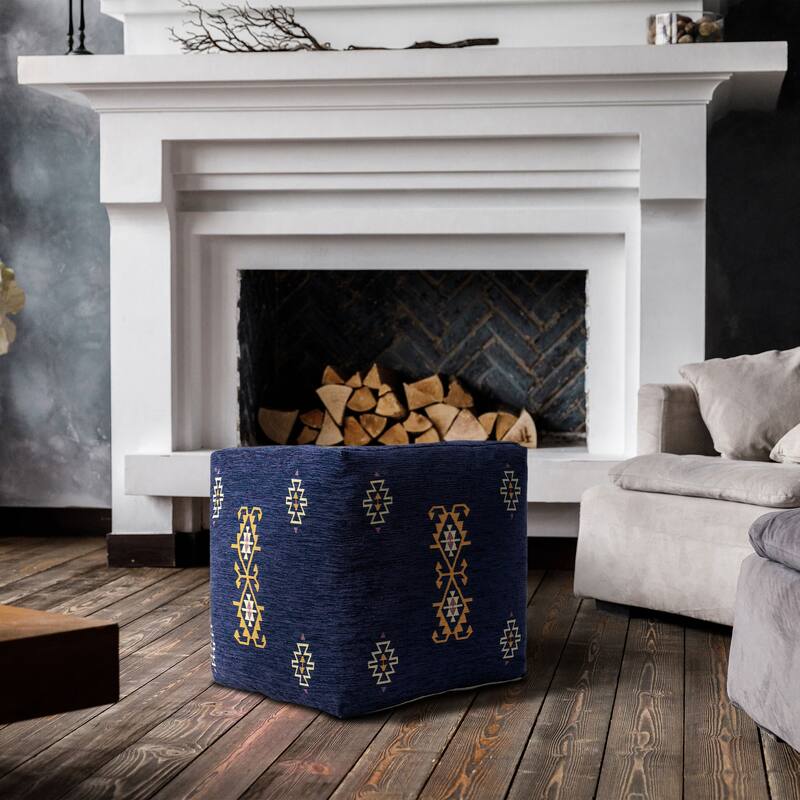 Sevita Navy/Mustard Traditional Damask Polyester Blend Pouf