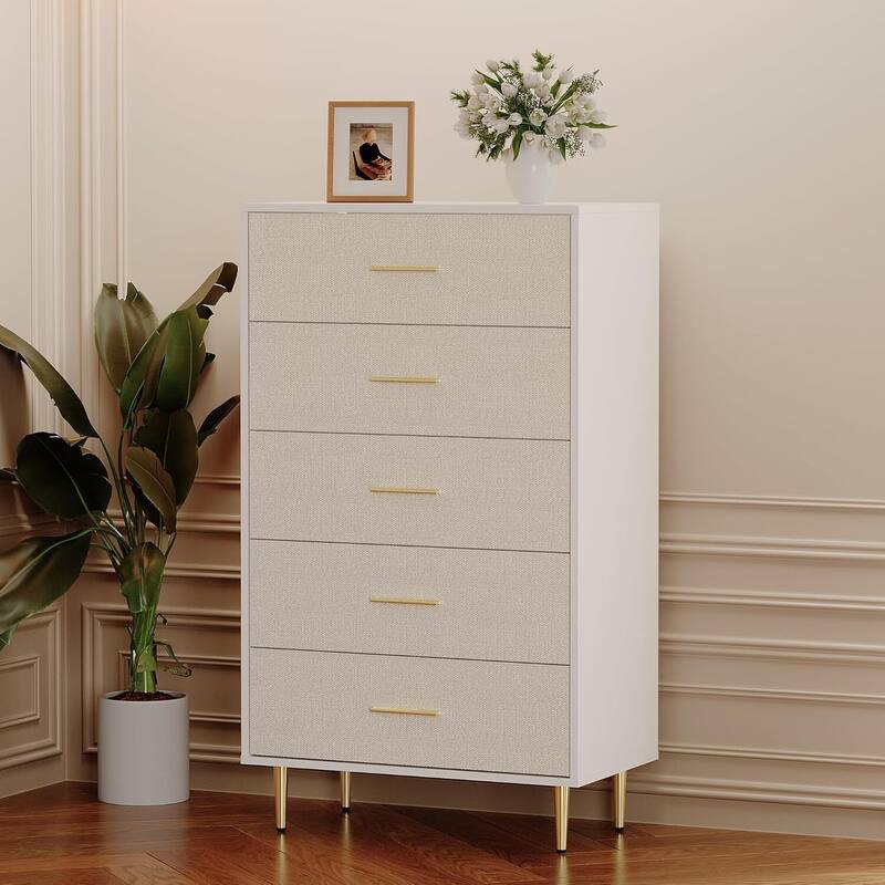 Elegant 5-Drawer Dresser, Storage Drawer Cabinet for Living Room, Bedroom - White