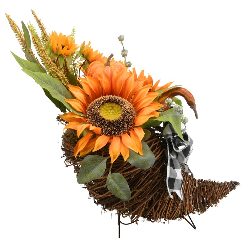 National Tree Company Artificial Wicker Cornucopia Basket with Pumpkins, Sunflower Blooms, 20 Inches - 20 in
