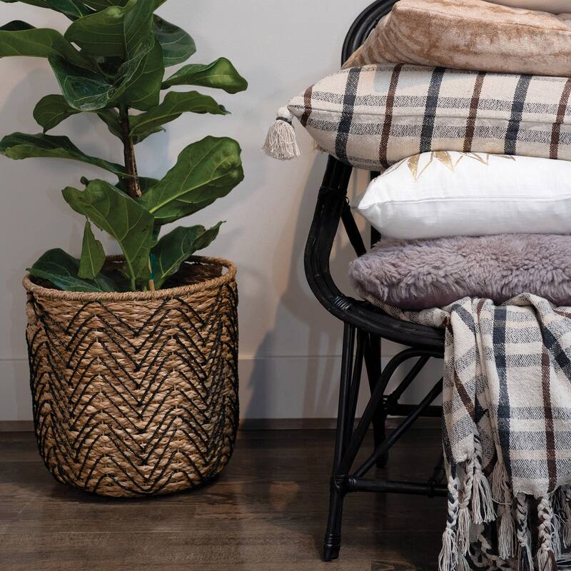 Woven Recycled Cotton Blend Plaid Throw with Tassels, Charcoal Color & Brown