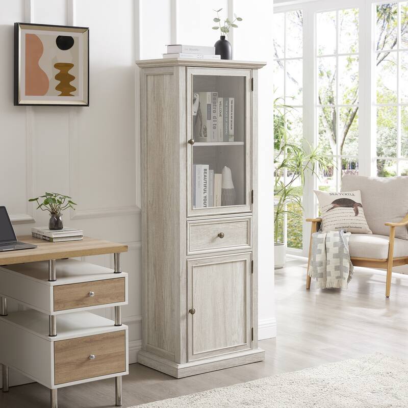 Modern Glass Door Cabinet, Tall Freestanding Storage with Shelves & Drawer, Versatile Organizer for Home - Off White