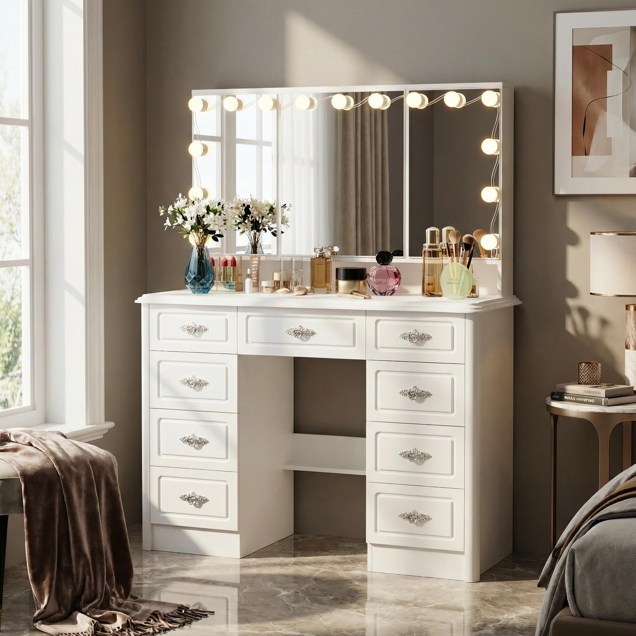 White Vanity Desk Makeup Vanity with 9 Drawers & Storage Cabinet, Large Dressing Table with Adjustable Lighting