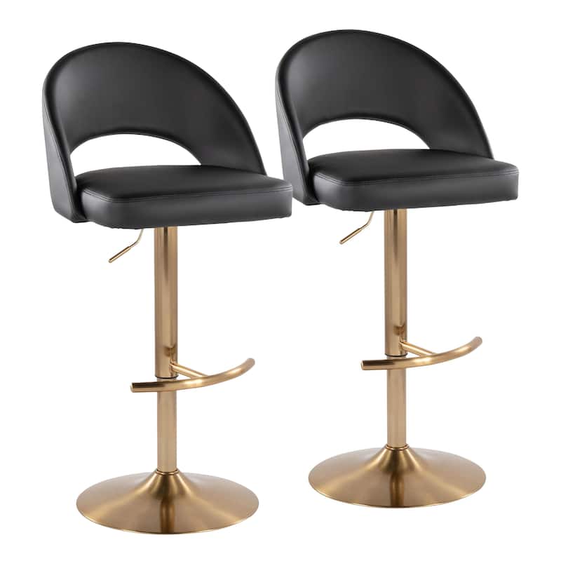 Renee Adjustable Barstool - Set of 2 - Black Faux Leather/Gold Finish