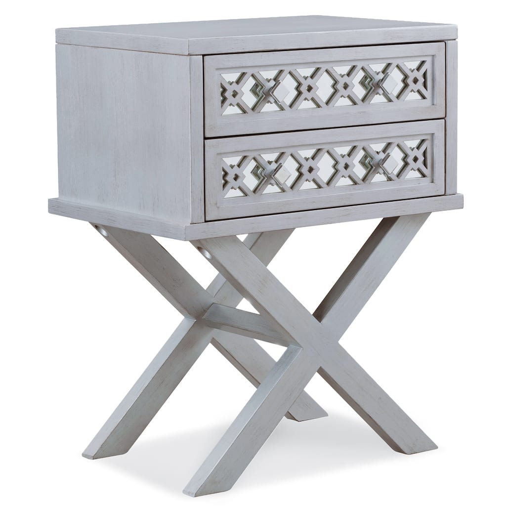 Silver Leaf Nightstand with Mirrored Drawers, Diamond Pattern Side Table, 2 Drawer Wood Base End Table, 22" x 16" x 28"