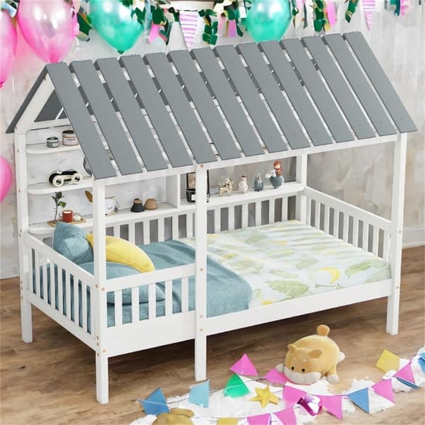 slide 2 of 12, Twin Size House Bed with Roof and Storage Shelves White
