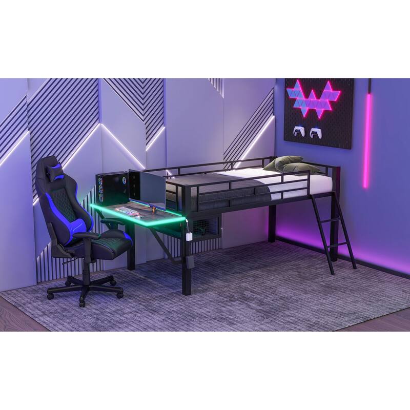 Mid Loft Gaming Bed with Desk, LED Lights, Twin Size, Black