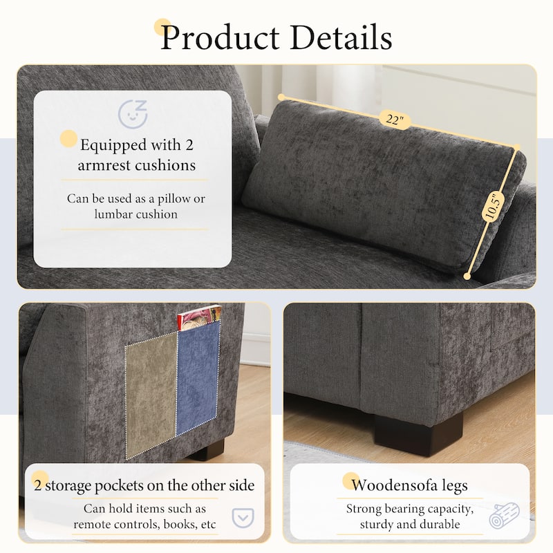 L-Shape Sectional Sofa with Folding Table, Dual-Port Charging, Side Pockets, 2 Pillows, Movable Ottoman, Chenille Modular Sofa