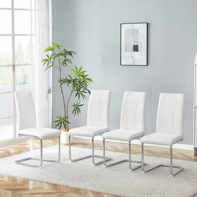 4-Pack PU Upholstered Dining Chairs - Modern High-Back Side Chairs with Sturdy Chrome-Plated Iron Tube Legs for Dining Room - White