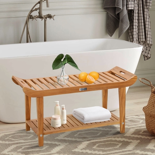 Bathroom Stool with Storage Shelf Teak Shower Bench Waterproof Wood Bench Shower Seat Type D