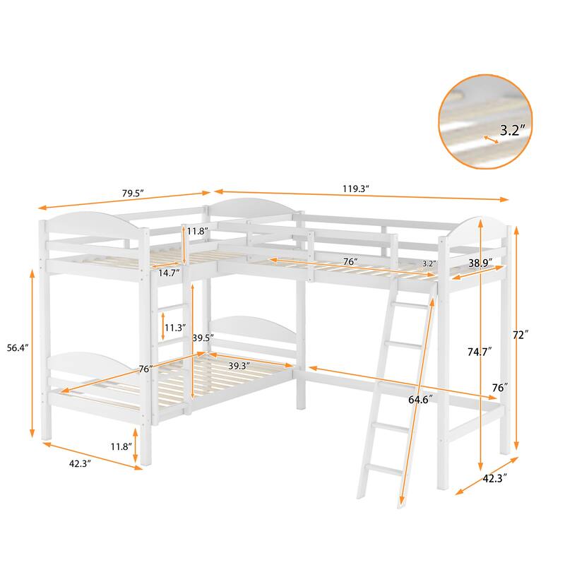 Twin L-Shaped Bunk Bed with Trundle, Wood Platform Bed Frame 2 Bunk Bed with Ladder for Small Living Spaces Multi-Child Families