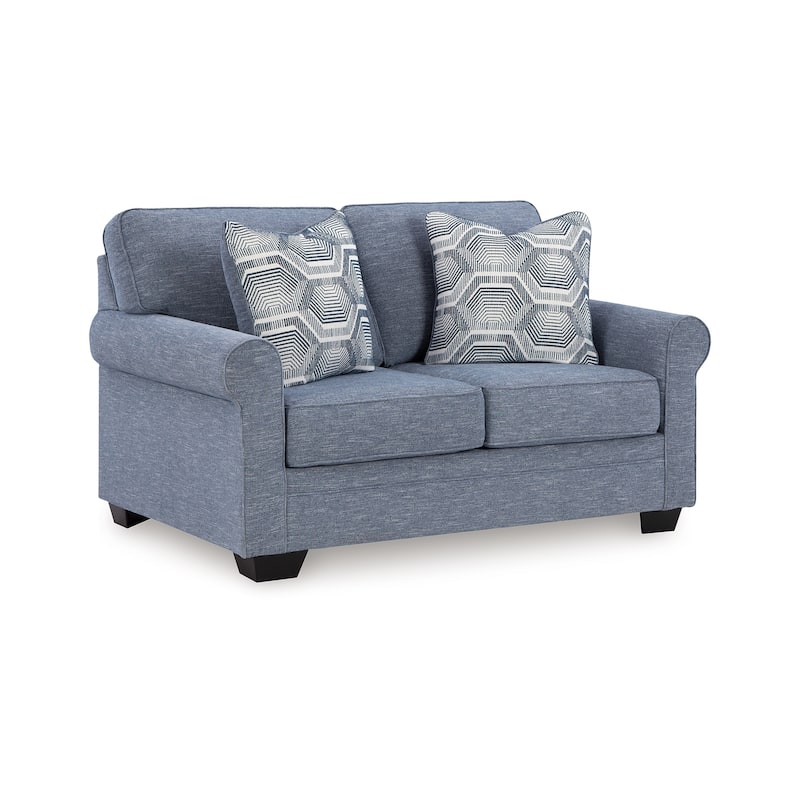 Sano Loveseat, Denim Blue Polyester, 2 Accent Throw Pillows, 63 Inch