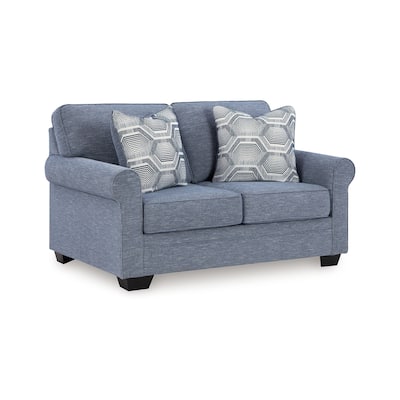 Sano Loveseat, Denim Blue Polyester, 2 Accent Throw Pillows, 63 Inch