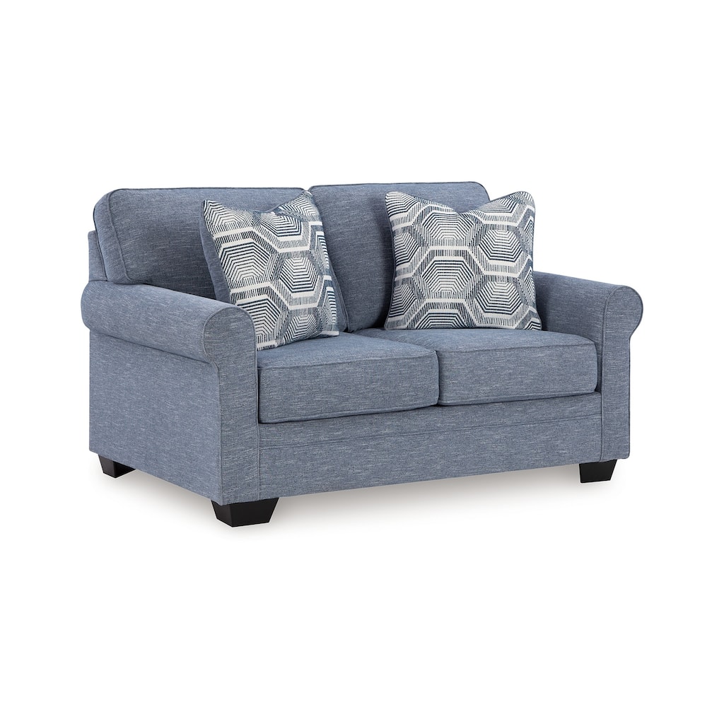 Sano Loveseat, Denim Blue Polyester, 2 Accent Throw Pillows, 63 Inch