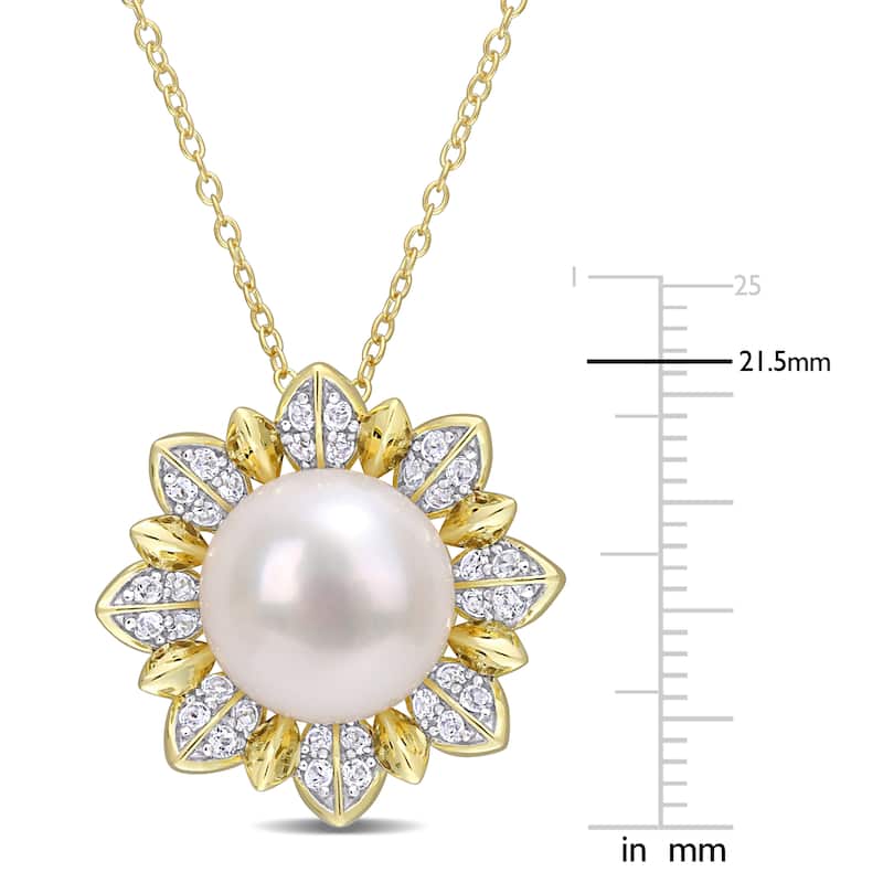 Miadora Cultured FW Pearl & White Topaz Floral Necklace in Yellow Plated Sterling Silver (11.5-12mm)