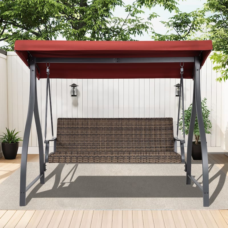 Aoodor 3-Seat Outdoor Rattan Patio Swing with Adjustable Canopy - Stylish Comfort for Your Porch, Garden, and Yard - Red
