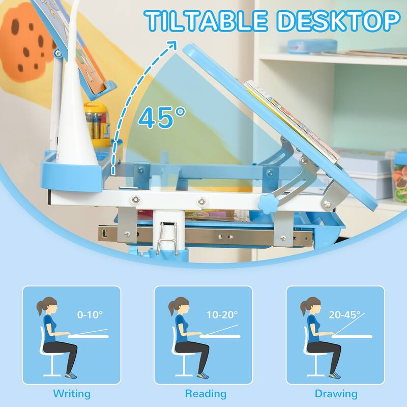 Qaba Kids Desk and Chair Set Height Adjustable Student Writing Desk Children School Study Table