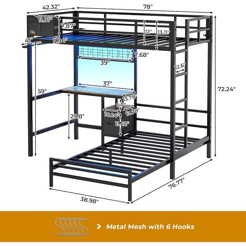 Bunk Bed Twin Over Twin Size with Desk Charging Station L-Shaped Metal