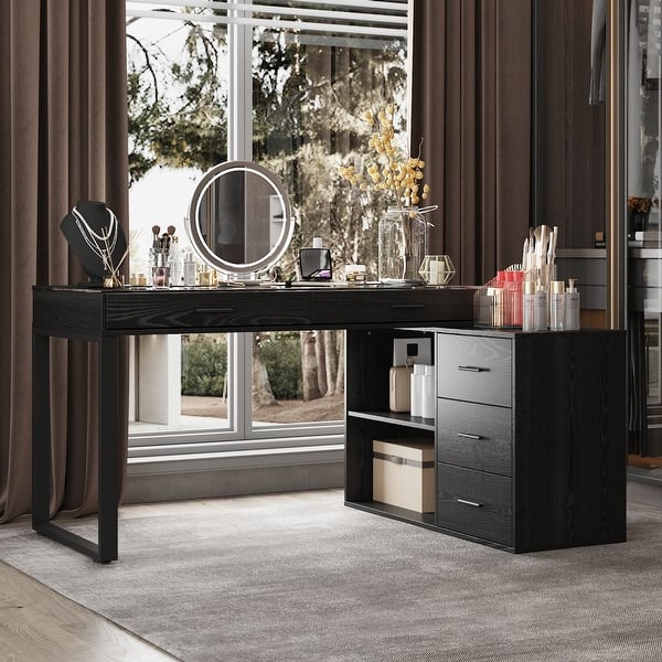 black dressing table Gothic & Gold High Gloss Table: Vintage Olympus Piano Finish 5 drawers and a softly padded velvet stool Frances Woven Rattan Vanity Table