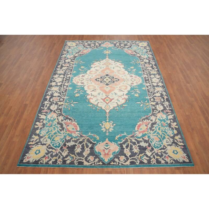 Hand Knotted Oriental 100% Wool Carpet Transitional Floral Navy Blue & Blues Oushak Area Rug - 10' 0'' X 6' 11''