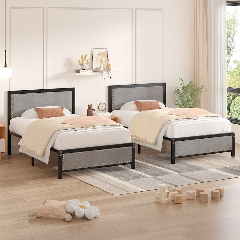 2 Pack Twin Upholstered Bed Set 40" Wide Bed with Nailhead Trim 12.6" Underbed Space & Padded Headboard Footboard