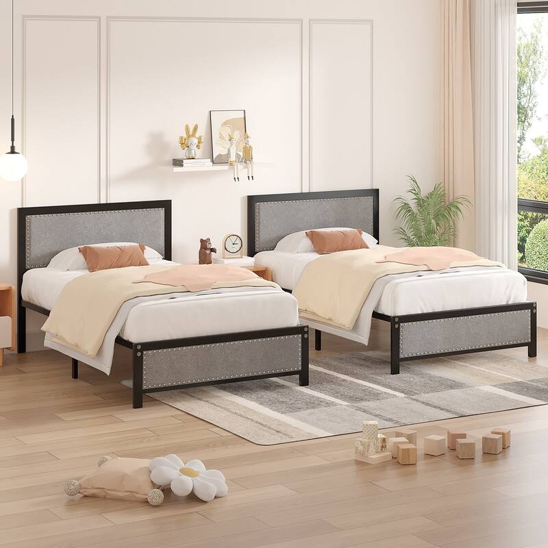 Metal Bed Frame with Linen Upholstered Nailhead Headboard, Platform Bed with 12.6" Under Bed Storage, No Box Spring Needed