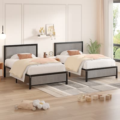 VECELO Upholstered Kids Bed with Headboard,Twin Size Bed Set of 2