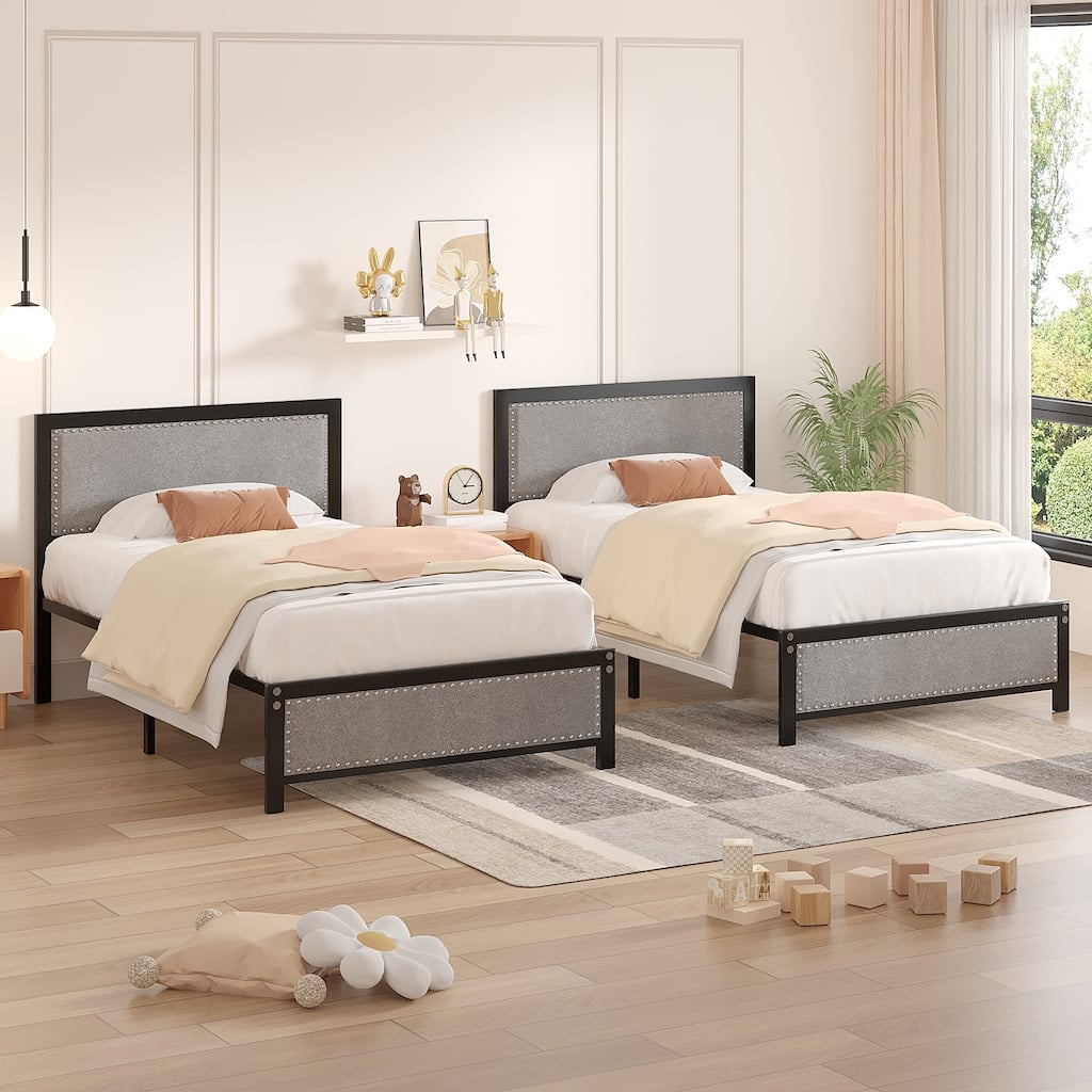 VECELO Upholstered Kids Bed with Headboard,Twin Size Bed Set of 2