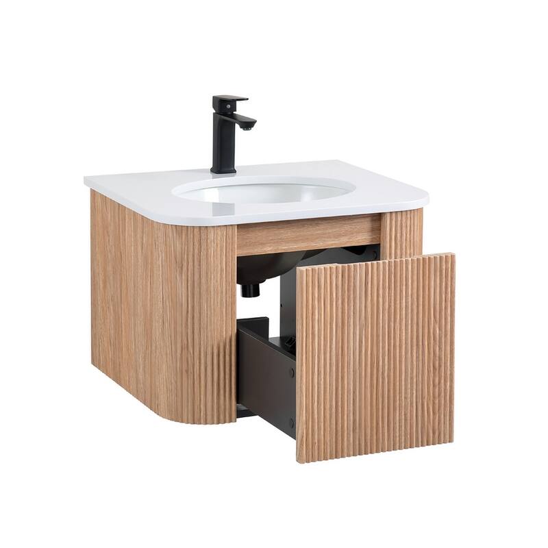 24 Inch Wall Mounted Bathroom Vanity with Sink Curved Design, Modern Floating Vanity Cabinet with Soft Close Drawer