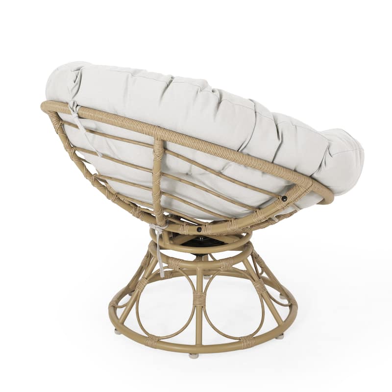 Leos Swivel Outdoor Chair, Soft Gray Polyester Cushion, Brown Rattan