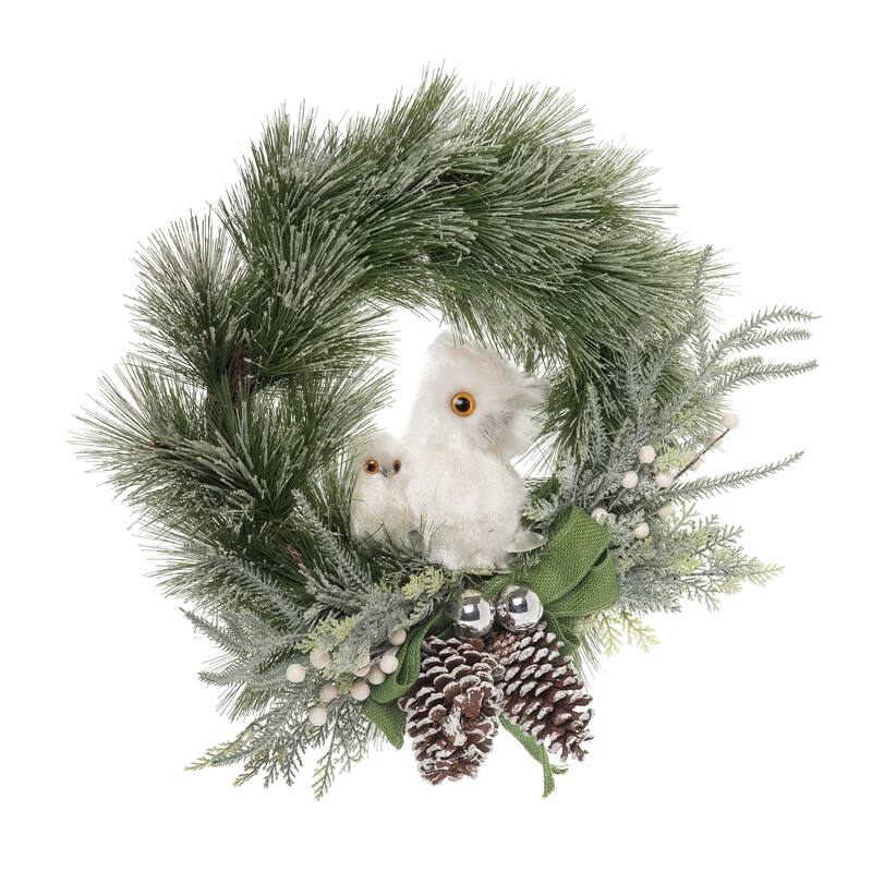 Transpac Foam 24.41 in. Green Christmas Acorn and Snowy Owl Wreath
