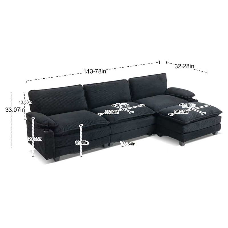 113" L Shaped Sectional Sofa, Deep Seat Cloud Couch with Ottoman, Oversized Corduroy Couch with Cup Holders, Storage Bags