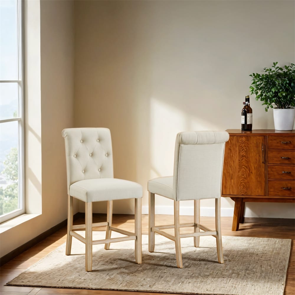 Counter Height Button Tufted Back Solid Wood Stools,Set of 2