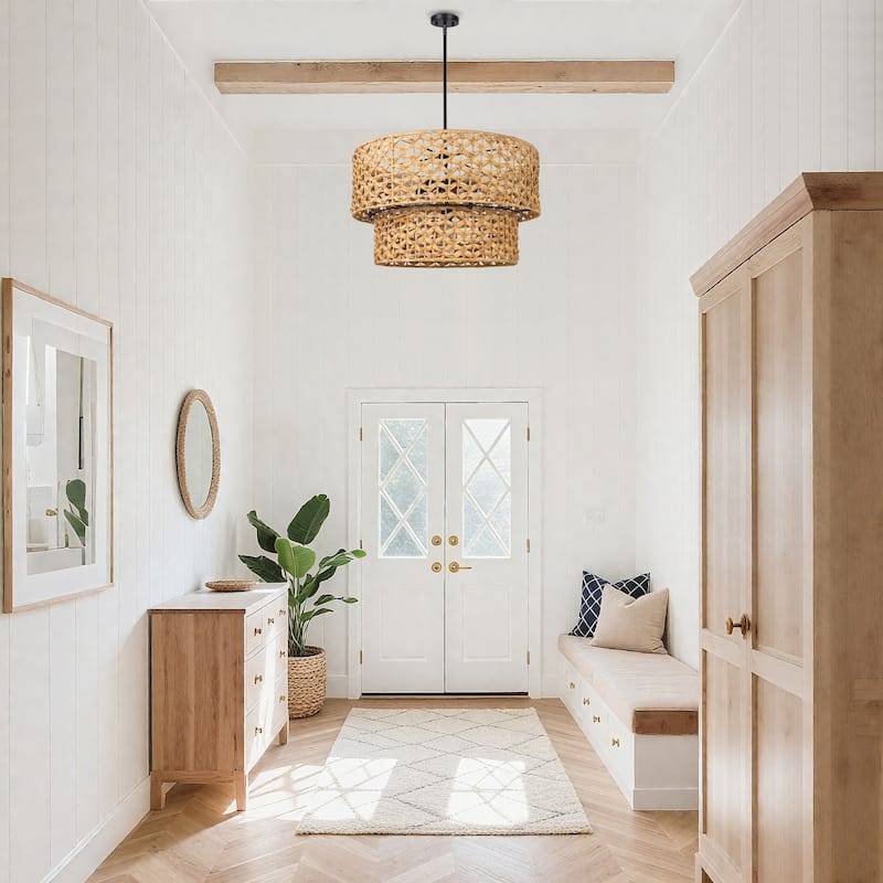 Ravy Farmhouse 6-Light Drum Rattan Chandelier Coastal Natural Pendant Light for Kitchen Dining Room - Dia. 26" x H 15.7"