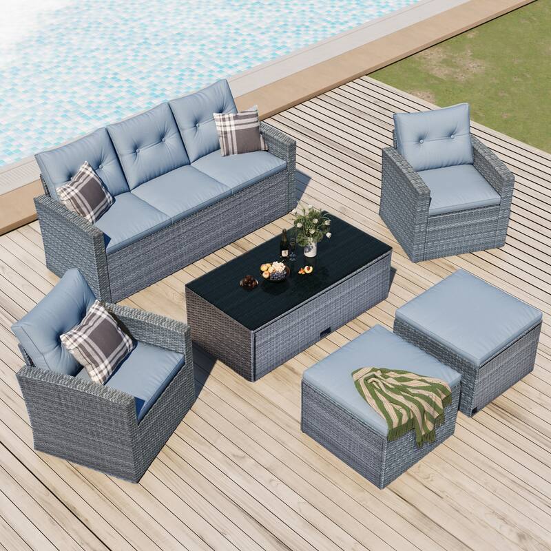 6 Piece All Weather Wicker PE Rattan Conversation Sectional Sofa Set with Storage Coffee Table and Removable Cushions