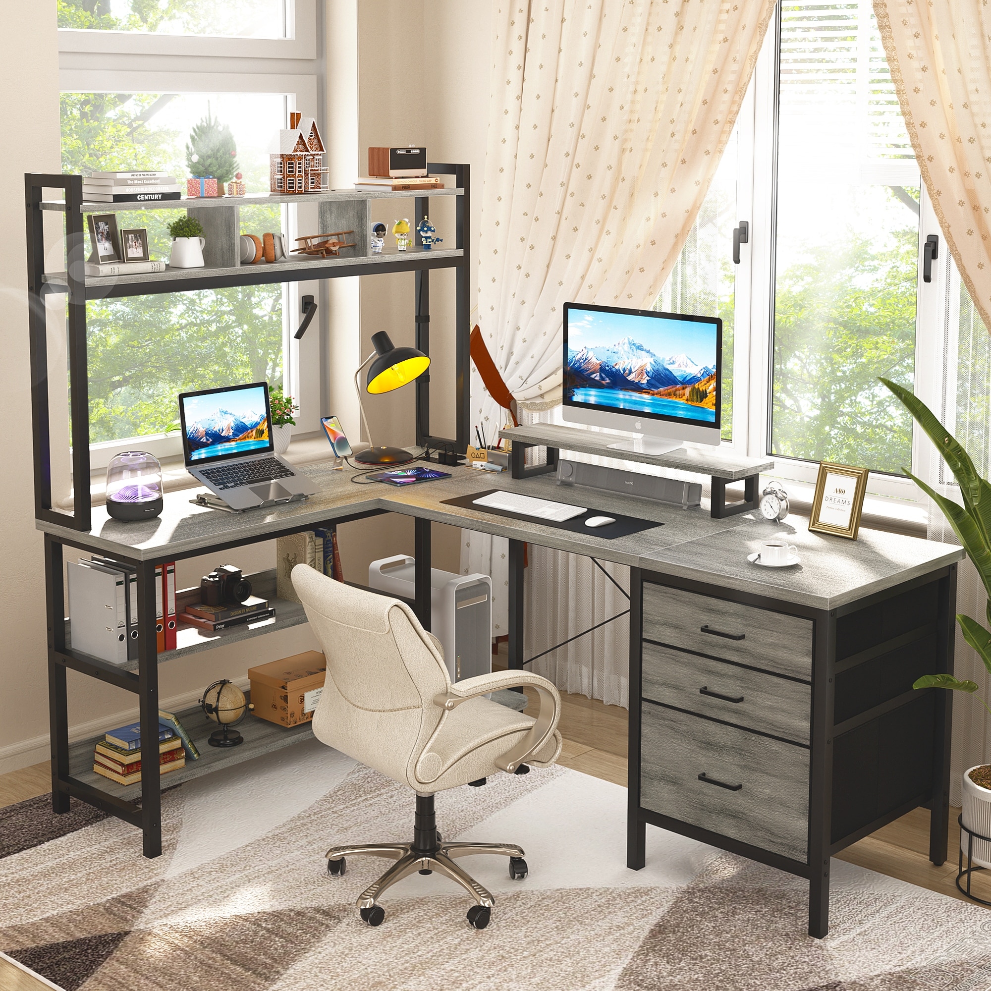 Reversible L-Shaped Desk with Bookshelf Hutch and 60K RGB and Power Outlets and 3 Fabric Drawers