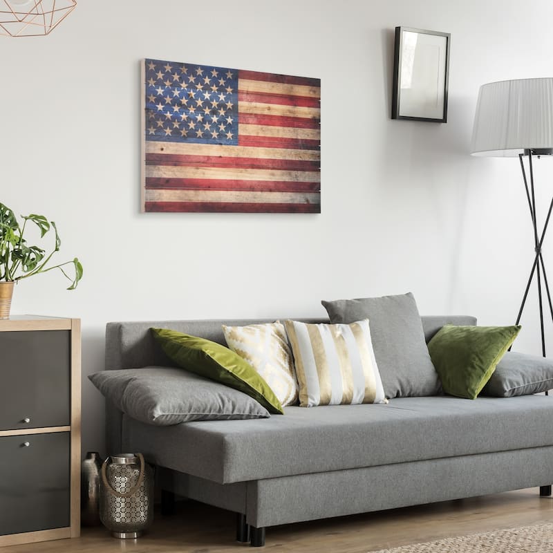 American Flag Print on Solid Fir Wood Plank Wall Art