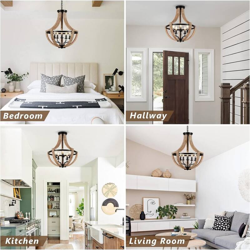 Farmhouse Chandelier Light Fixture, 5-Light Rustic Wooden Pendant and Ceiling Light for Dining Room or Bedroom